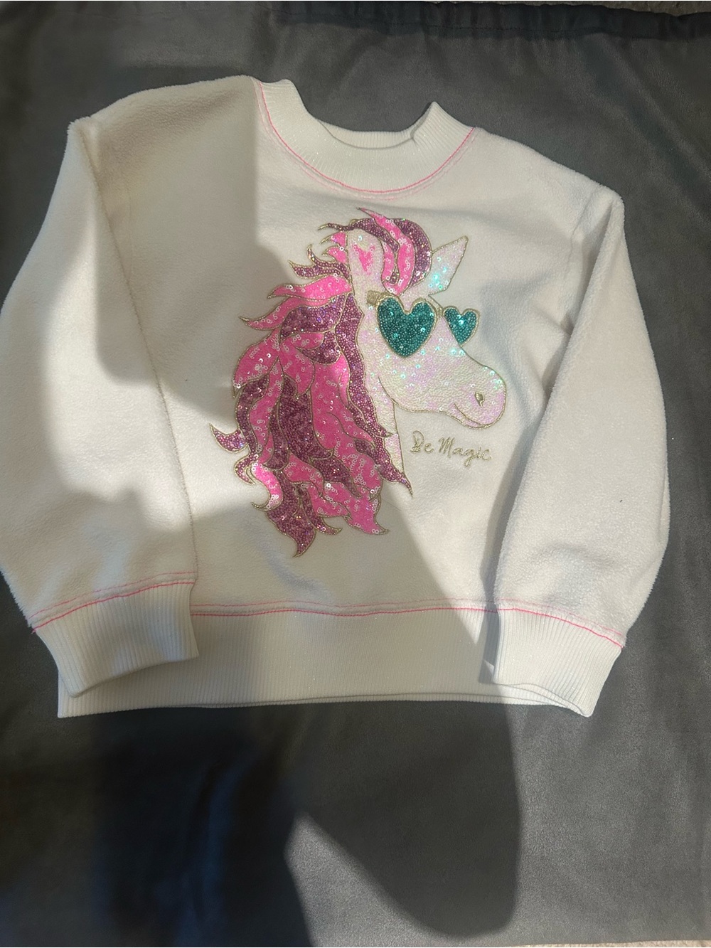 Billieblush White Sweatshirt with Pink Unicorn Mane and Teal Heart Eyes - Picture 2 of 4